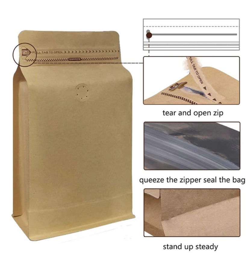 Premium One Way Degassing Flat Bottom Brown Paper Bags 0.25lb 0.5lb 1lb 2lb 125g 250g 500g 1kg