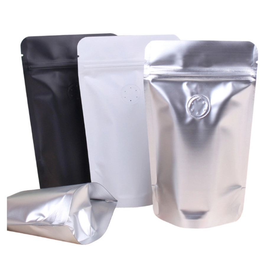 8oz 0.5 lb Aluminum White Black Coffee Bags with Degassing Valve Stand Up with Resealable Zipper Lock