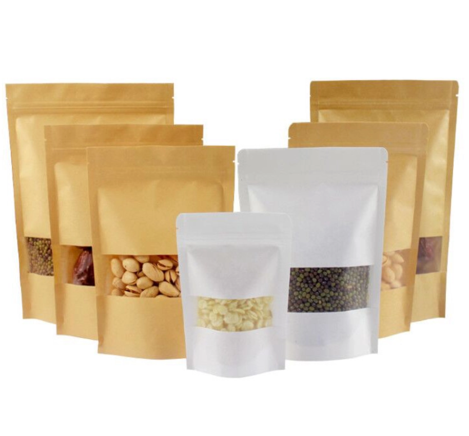 Resealable Zipper And Clear Window Compostable Stand Up Pouches Natural Kraft Paper Stand Up