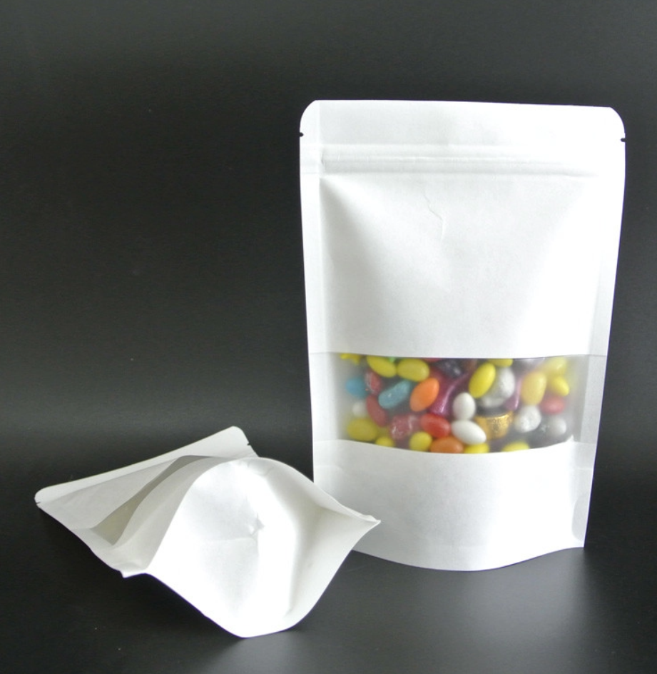 Custom Printed White Stand Up Kraft Paper Bags with Matte Clear Window with Zipper for Candy, Snacks, Food Packaging