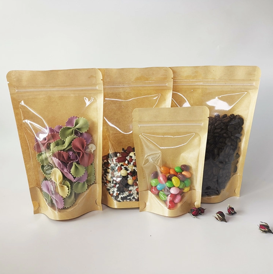 Front Side Transparent Back Side Brown Kraft Bags Stand Up Kraft Pouches with Ziplock for Food Packaging Storage