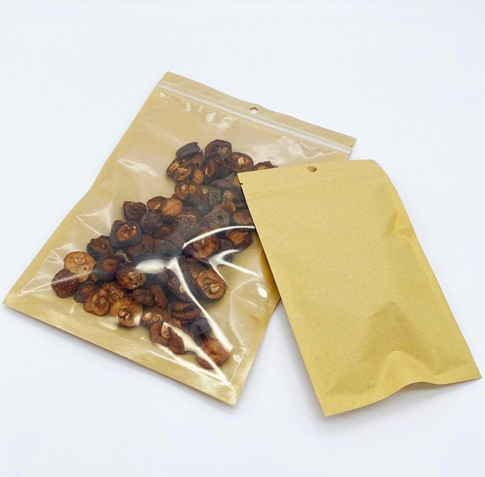 Eco Friendly Front Side Transparent Clear Window 3 Side Seal Flat Pouch With Zipper Back Brown