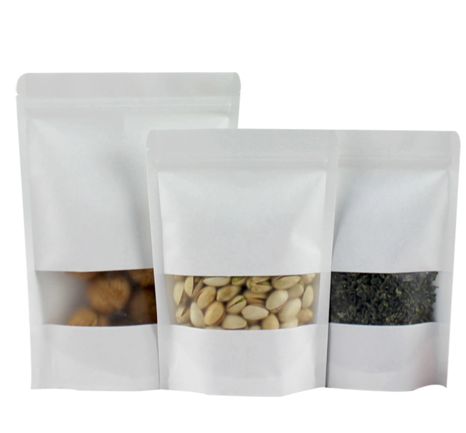 Biodegradable PLA White Paper Stand Up Pouches Resealable Zipper Bags 16 oz