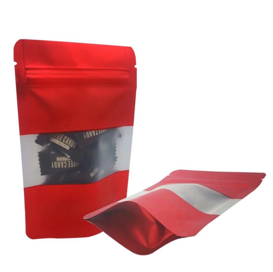 Passionate Red Matte Metallic Foil Back Stand Up Reusable Snack Bags with Zipper and Window for Party Business