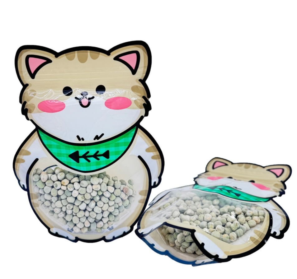 Custom Fat Cute Cat Shape Cut Printed Stand Up Bags with Ziplock on Top and Clear Window for Snacks Food Packaging