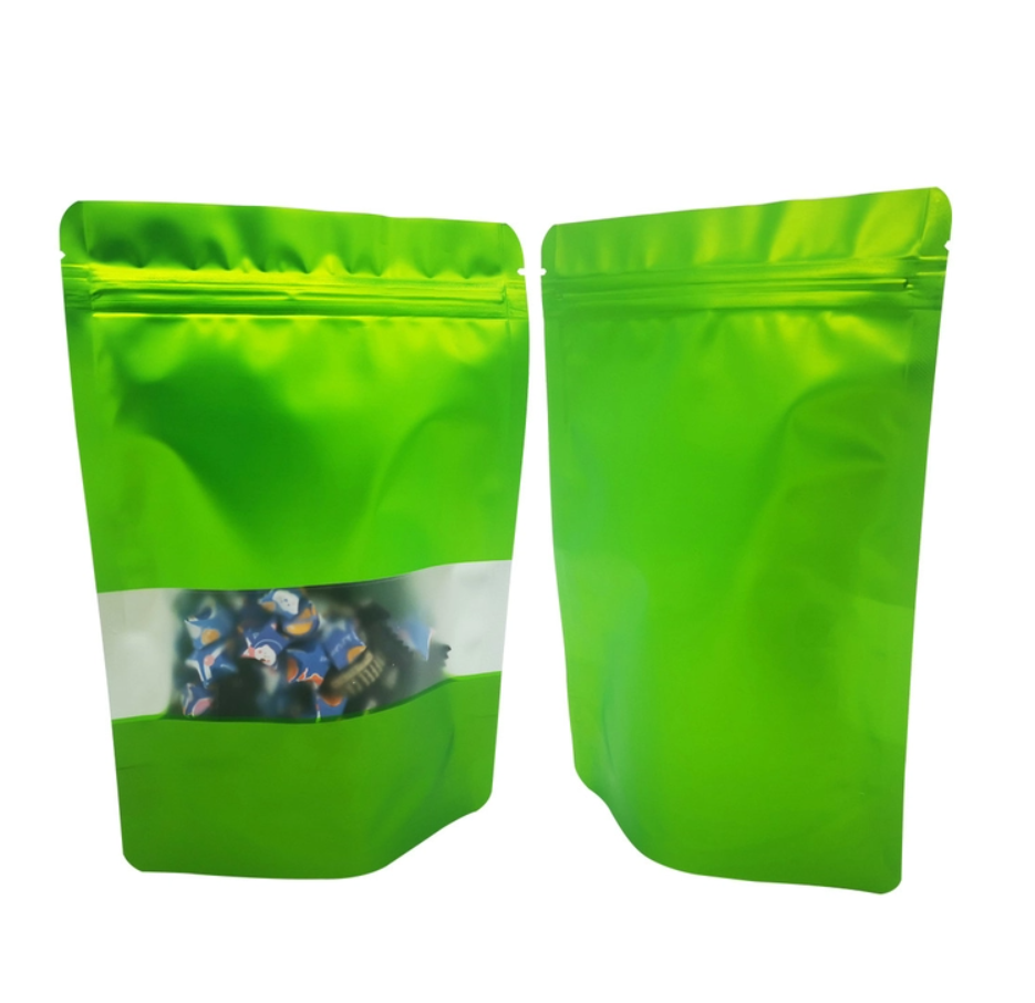 Fresh Green Design Foil Liner Odor Proof Matte Surface Window Pouches Reusable Ziplock Bags for Food Storage
