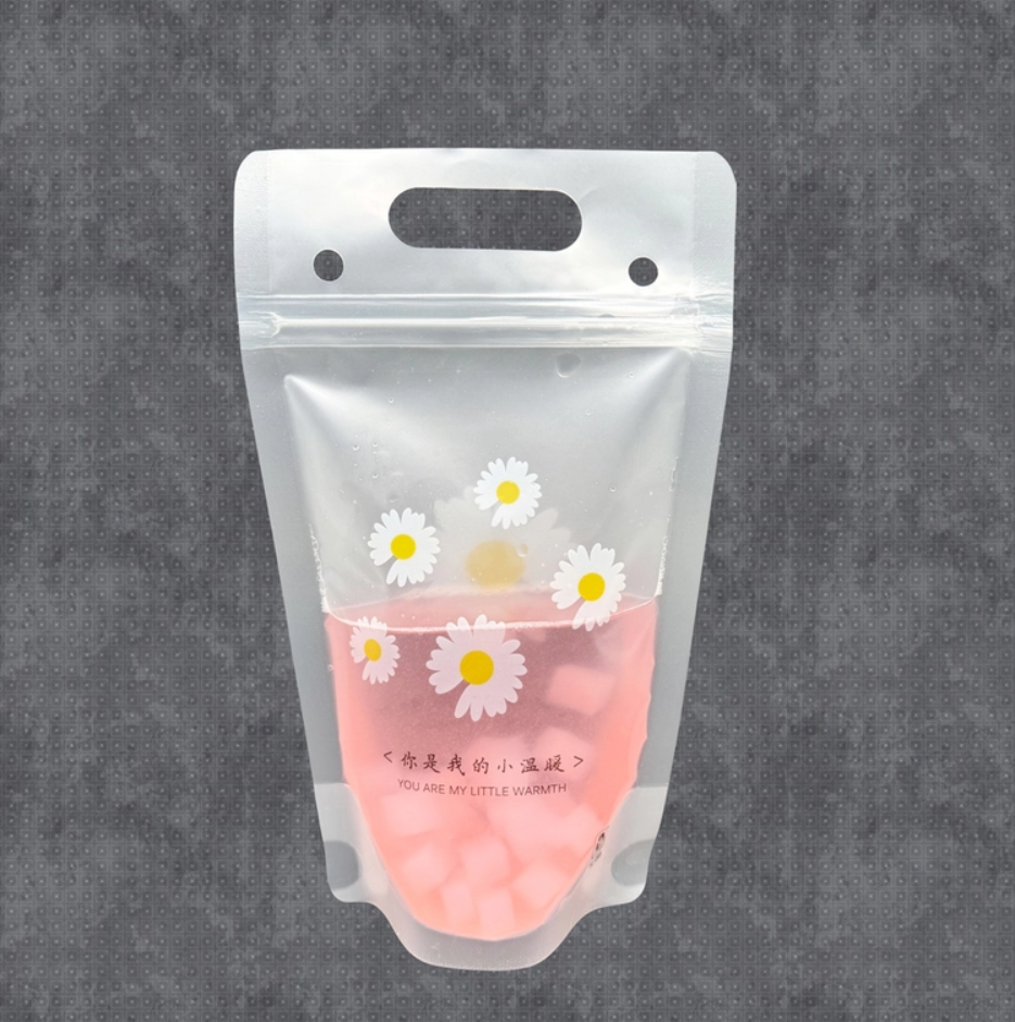 Daisy Flower Design Stand Up Juice Pouches Zipper Smoothie Bags For Adults Hot And Cold Drinks Liquor With Straws