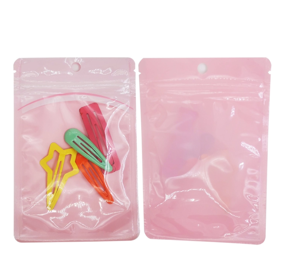 Custom Printed Pink Color One Side Clear Pouch Plastic Bags with Zipper with Hanging Hole for Candy, Cookie, Accessories