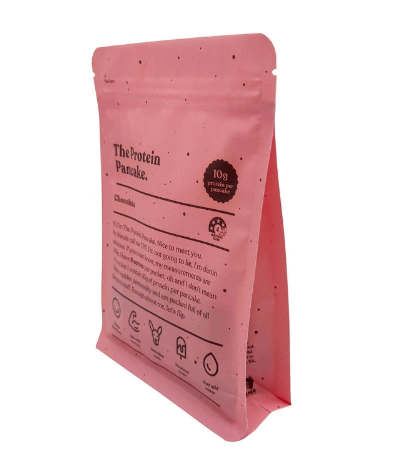 Custom Pink Recyclable EVOH Resealable Box Bottom Pouches For Packing Protein Pancake Food Packaging