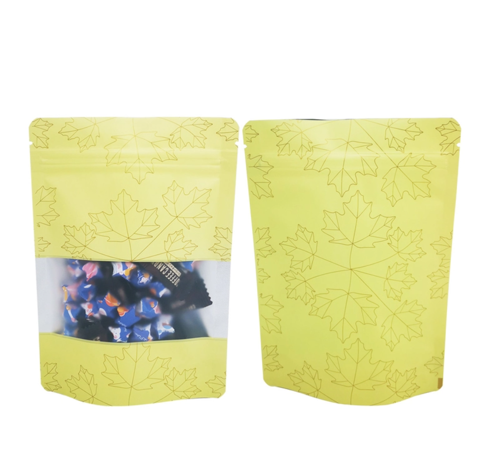 Yellow Maple Leaf Design Foil Coated Smell Proof Stand Up Zipper Pouch Bags with Matte Clear Window for Food Packaging