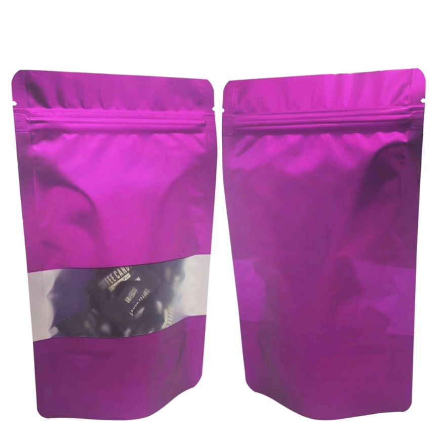 Heat Seal Resealable Solid Purple Color Metallic Mylar Stand Up Ziplock Bags with Clear Front Window for Food Storage
