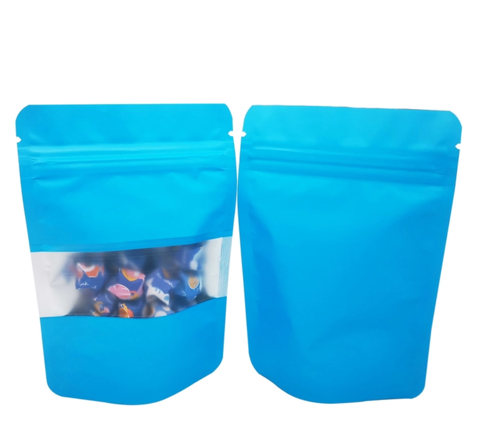 Sky Blue Design Matte Soft Touch Surface Resealable Stand Up Mylar Food Storage Bags with Window for Snack Food Storage