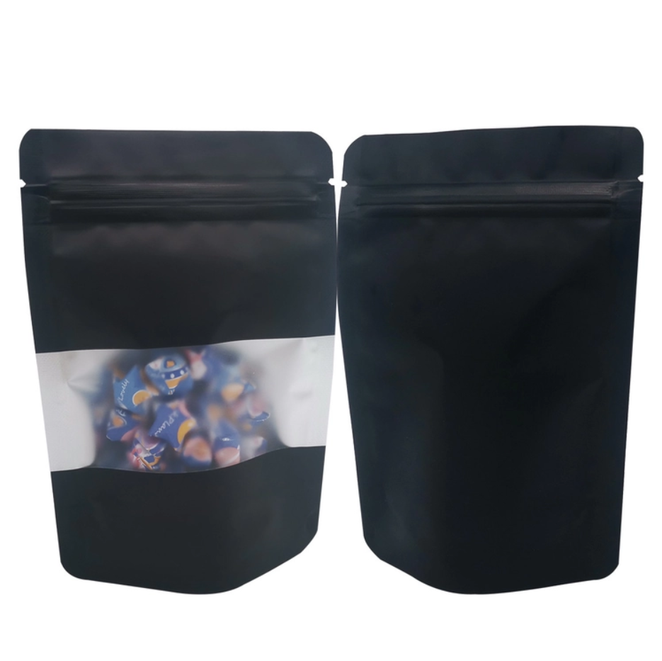 Mysterious Black Matte Odour Proof Stand Up Ziplock Mylar Bags with Window for Candy Food Snacks Storage Packaging