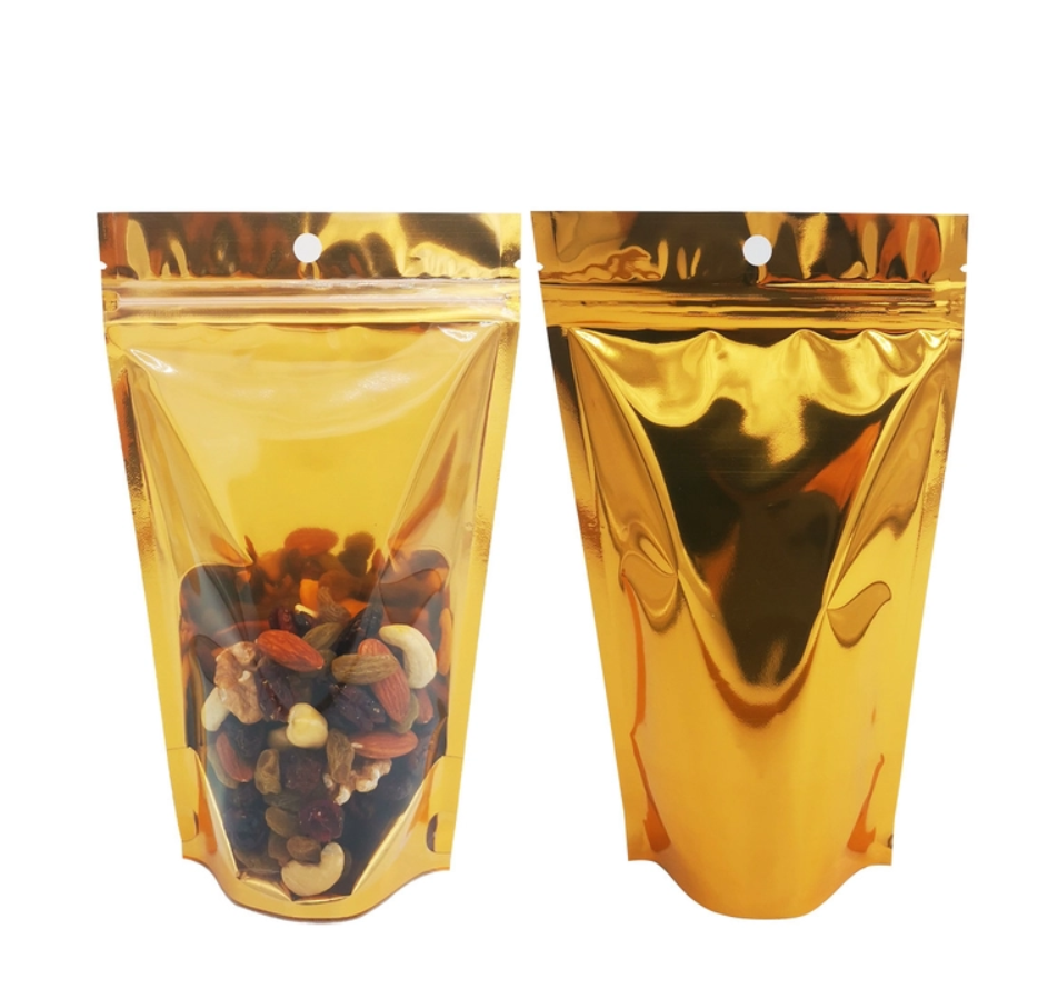 1 Gallon One Side Clear Window Back Metallic Golden Resealable Stand Up Mylar Bags For Freeze Dried Food Storage