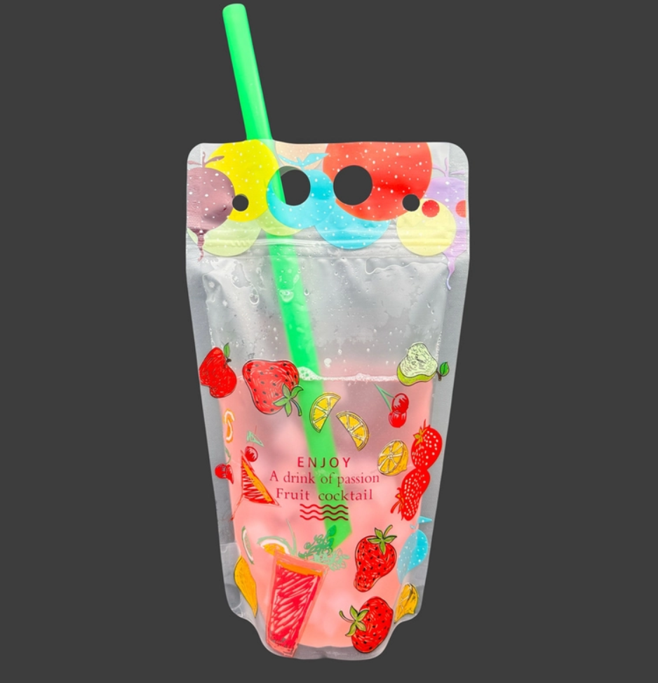 Summer Colorful Fruit Frosted Plastic Resealable Drink Pouches With Straw Holes Hanging Holes For Iced Juice