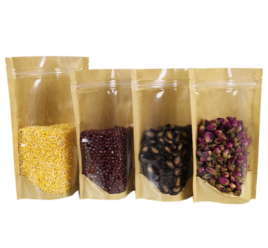 Moisture Proof Digital Printing Zipper Kraft Paper Stand Up Pouch For Dry Food Snacks Candy Bean Packaging