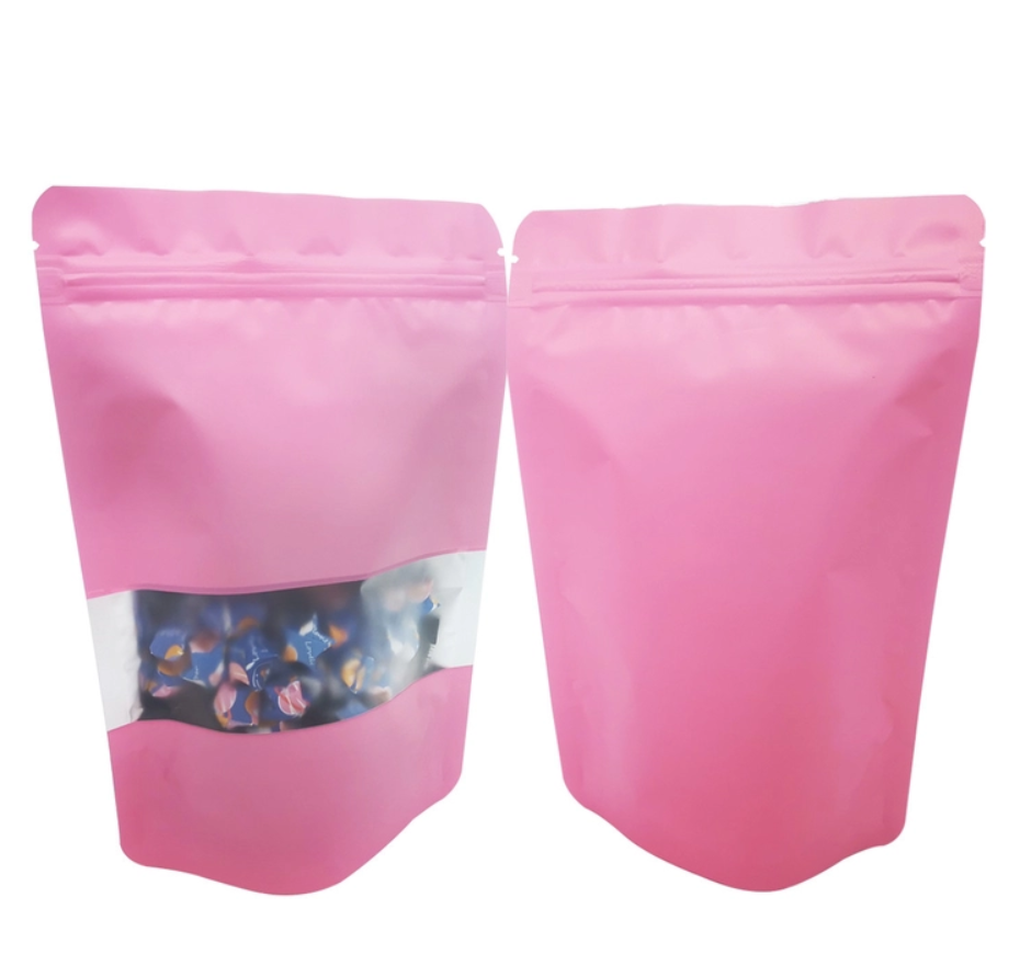 Heat Sealable Resealable Solid Pink Color Foil Liner Mylar Stand Up Zipper Pouch Bags with Window for Packaging Food