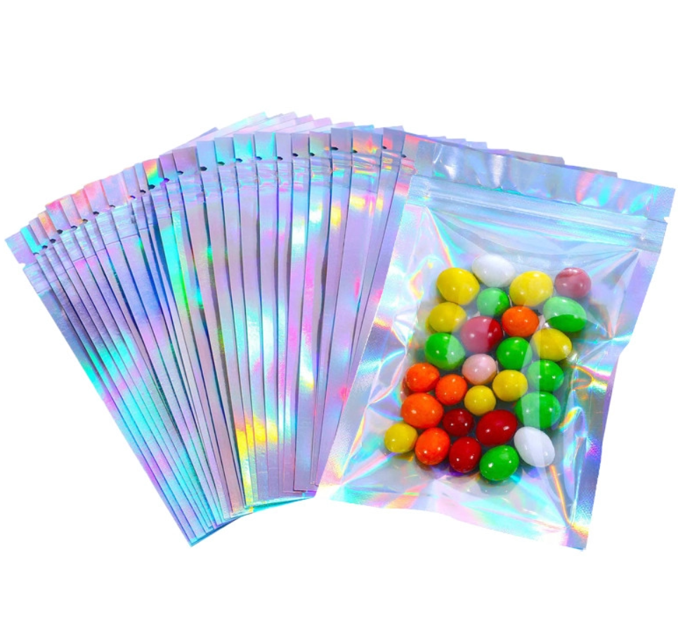 Heat Sealable Resealable Holographic Mylar Bags with Reclosable Ziplock for Packing Food Multipurpose Storage