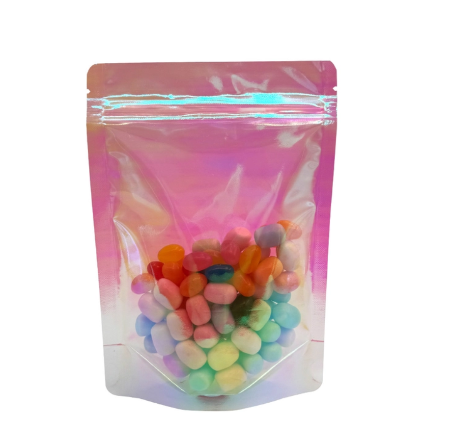 Custom Rainbow Holographic Pink Color Stand Up Pouches with Resealable Zipper for Packaging Food, Candies, Accessories,