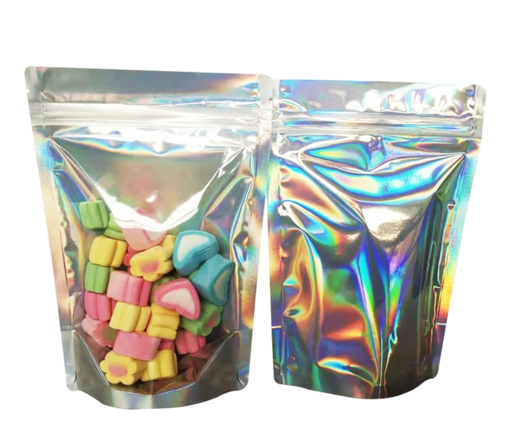 Resealable Aluminum Foil Clear Front 4x6 Holographic Stand Up Mylar Bags for Jewelry Makeups Lip Gloss Packaging Storage