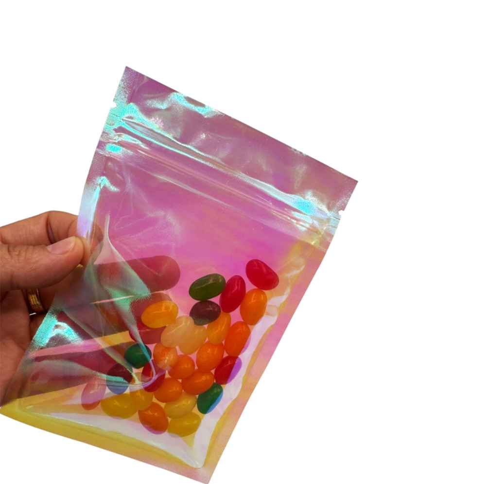 Custom Pink Rainbow Color Holographic Flat Zipper Pouch 3 Sides Sealed Bags for Packing Food, Accessories, Cosmetics