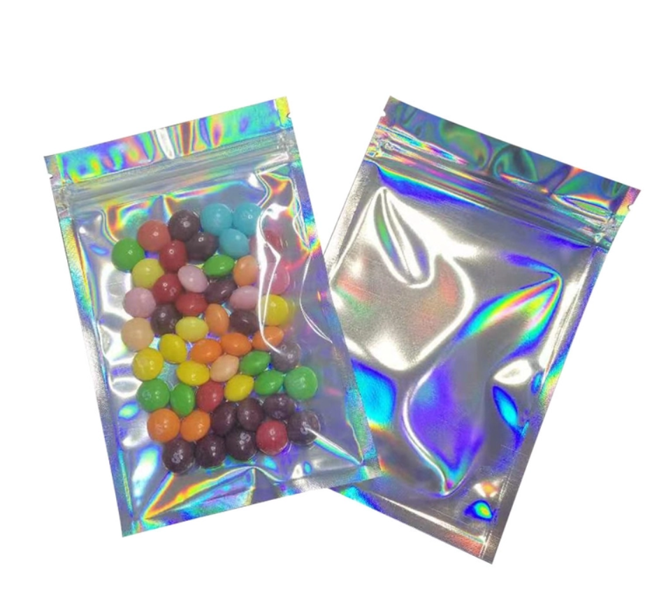 6x9 Inch Smell Proof Flat Resealable Foil Holographic Mylar Zipper Bags for Party Favor Food Storage Food Packaging