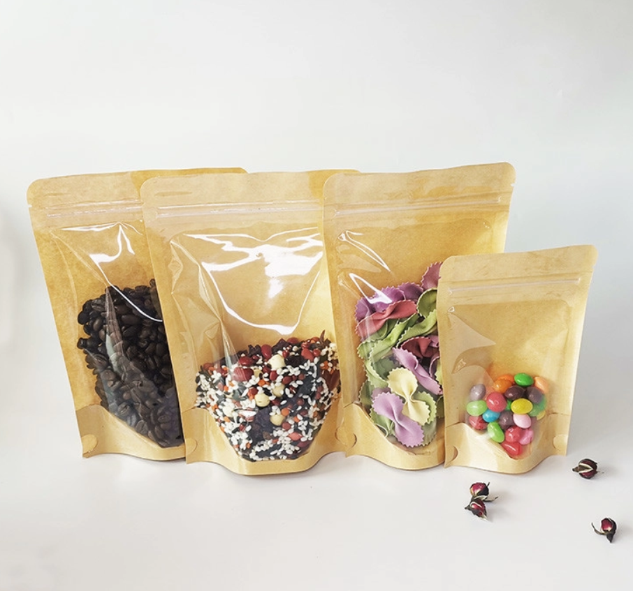 Clear Front Back Stand Up Kraft Paper Ziplock Bags 150microns clear stand up pouch bags