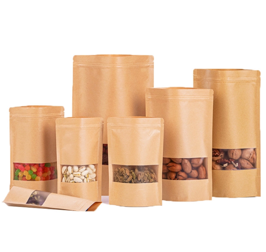 Brown Kraft Stand Up Pouch with Zipper and Matte Clear Window